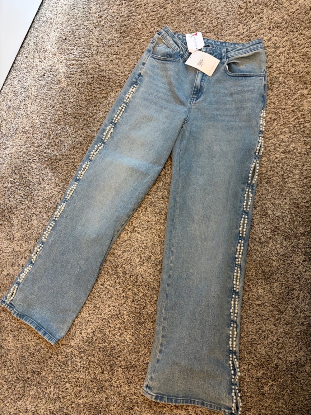 Women’s Light Blue Pearl-Trim Straight/ baggy blue busa nwt